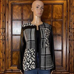 Chico's Plaid Animal Wool Cotton Blend Jacquard Faux Leather Zip Sleeve Jacket